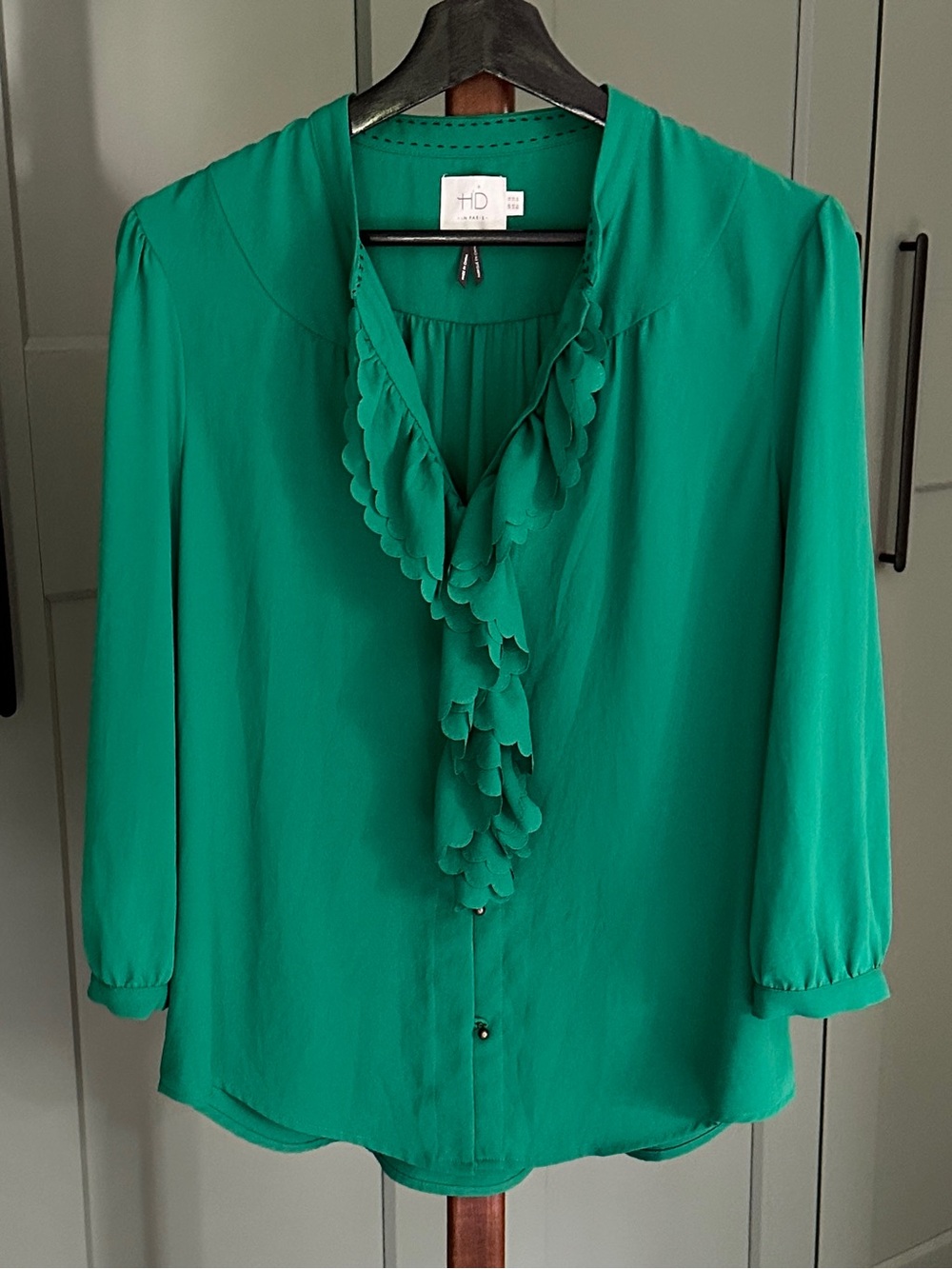 HD in Paris Green Ruffle Front V-Neck Blouse